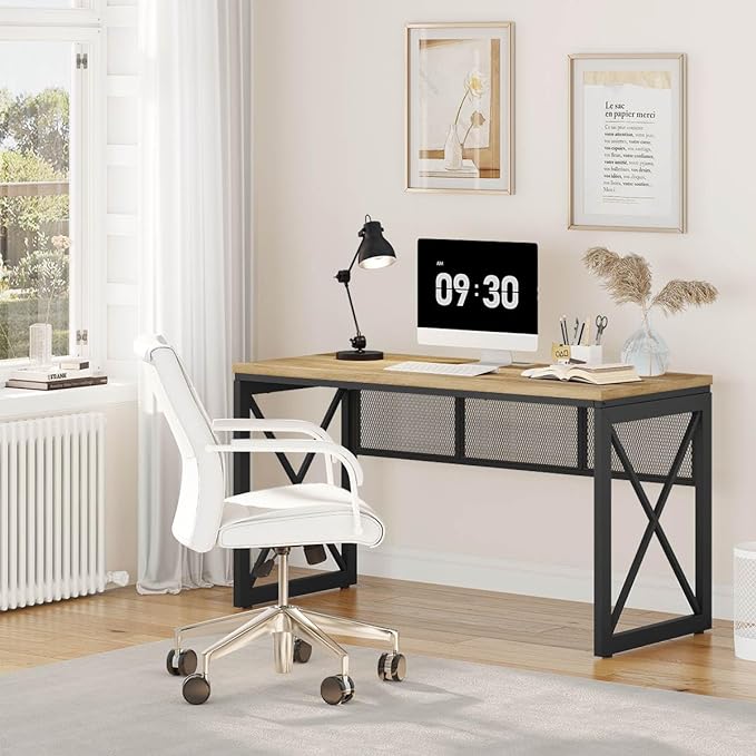 BON AUGURE Farmhouse Computer Desk, Modern Industrial Home Office Desk, Wood Metal Study Writing Table, Sturdy Gaming Desk (Vintage Oak, 54 Inch) - LeafyLoom