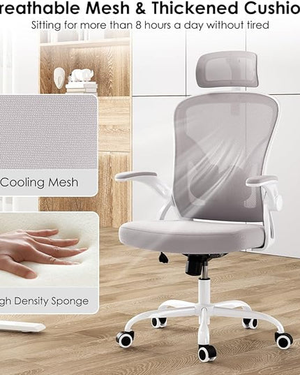 Farini Ergonomic Office Chair, Home Office Desk Chair with Headrest, High Back Computer Chair with Flip-up Armrests and Adjustable Lumbar Support.for Home Office Study Room Bedroom, Gray. - LeafyLoom