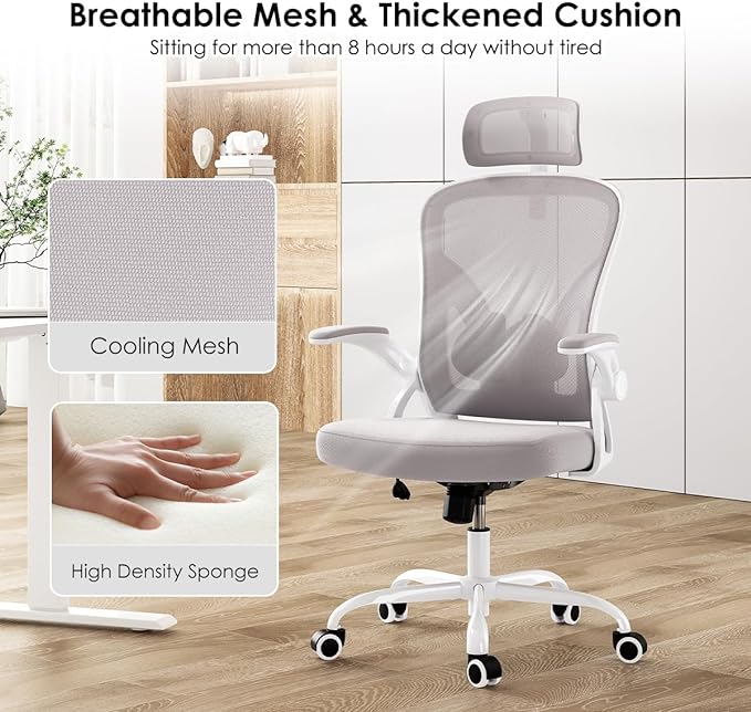 Farini Ergonomic Office Chair, Home Office Desk Chair with Headrest, High Back Computer Chair with Flip-up Armrests and Adjustable Lumbar Support.for Home Office Study Room Bedroom, Gray. - LeafyLoom