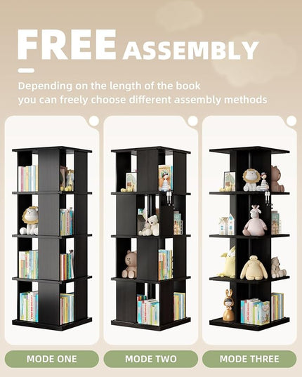 Rotating Bookshelf, 4-Shelf 360° Solid Wood Book shelf Tower, Stackable Revolving Bookcase Organizer for Living Room, Bedroom, Study(Black) - LeafyLoom