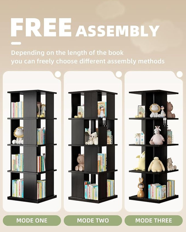 Rotating Bookshelf, 4-Shelf 360° Solid Wood Book shelf Tower, Stackable Revolving Bookcase Organizer for Living Room, Bedroom, Study(Black) - LeafyLoom