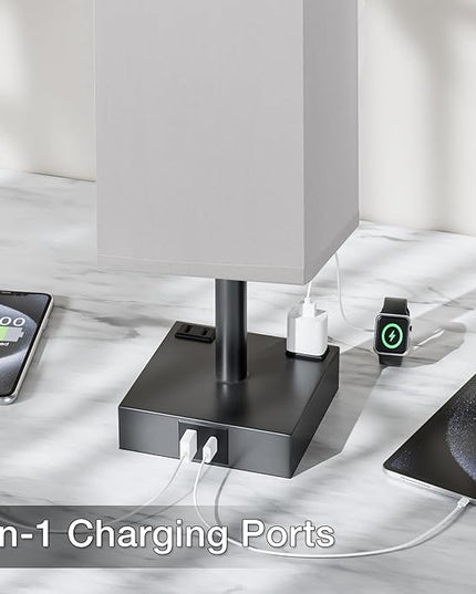 Touch Bedside Table Lamp For Nightstand - 3-Way Dimmable Night Lamp with USB A + Type C Charging Ports and two AC Outlets, Small Desk Light with E26 LED Bulb for Bedroom Living Room Office, Grey Black - LeafyLoom