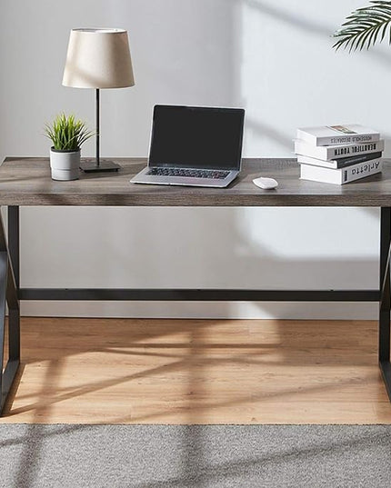 HSH Industrial Home Office Desk, Metal and Wood Computer Desk, Rustic Vintage Soho Work Study Writing Table, Modern PC Desk for Livingroom Bedroom, Farmhouse Computer Table Grey 55 inch Wide - LeafyLoom