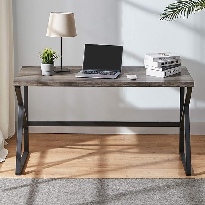 HSH Industrial Home Office Desk, Metal and Wood Computer Desk, Rustic Vintage Soho Work Study Writing Table, Modern PC Desk for Livingroom Bedroom, Farmhouse Computer Table Grey 55 inch Wide - LeafyLoom
