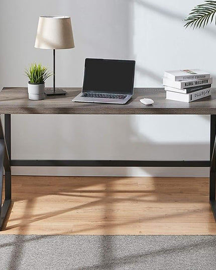 HSH Large Rustic Grey Computer Desk, Metal and Wood Home Office Desk, Industrial Vintage Soho Study Writing Table, Big Long PC Desk Workstation for Livingroom Bedroom, Dark Gray Oak, 60 Inch Wide - LeafyLoom