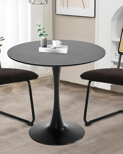 Black Round Dining Table, 31.5" Tulip Table Kitchen Round Dining Table for 2-4 People with MDF Table Top and Metal Pedestal Base, Mid-Century Leisure Table for Home, Dining Room, Cafe - LeafyLoom