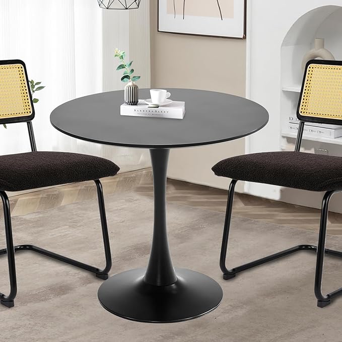 Black Round Dining Table, 31.5" Tulip Table Kitchen Round Dining Table for 2-4 People with MDF Table Top and Metal Pedestal Base, Mid-Century Leisure Table for Home, Dining Room, Cafe - LeafyLoom
