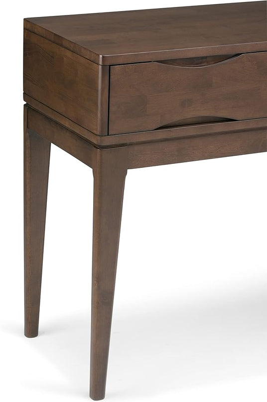 SIMPLIHOME Harper SOLID WOOD 54 inch Wide Mid Century Modern Console Sofa Entryway Table in Walnut Brown with Storage, 3 Drawers , for the Living Room, Entryway and Bedroom - LeafyLoom