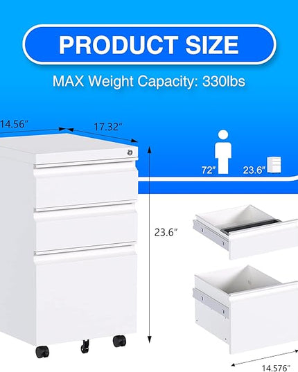Mobile File Cabinet Under Desk, 3 Drawers Metal File Cabinet with Wheels, Rolling Filing Cabinets with Lock for Home Office Letter/Legal/A4 - LeafyLoom