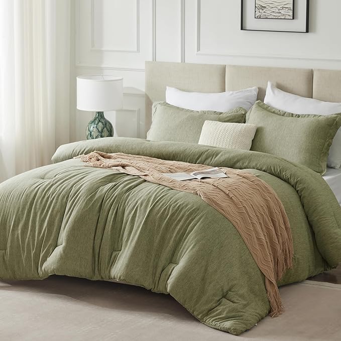 CozyLux Queen Size Comforter Set - 3 Pieces Olive Green Soft Luxury Cationic Dyeing Bedding Comforter for All Season, Breathable Lightweight Fluffy Boho Bed Sets with 1 Comforter and 2 Pillow Shams - LeafyLoom