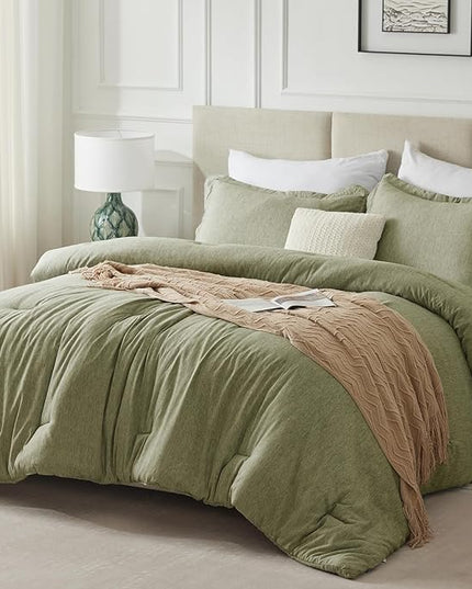 CozyLux King Size Comforter Set - 3 Pieces Olive Green Soft Luxury Cationic Dyeing Bedding Comforter for All Season, Breathable Lightweight Fluffy Boho Bed Sets with 1 Comforter and 2 Pillow Shams - LeafyLoom
