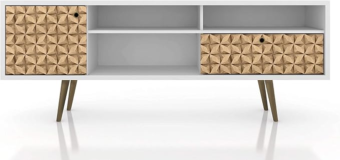 Manhattan Comfort Liberty Mid Century Modern TV Stand for Televisions up to 65 Inches, Bedroom and Living Room Entertainment Center with Storage, Shelves, and Cabinet, 71" Wide, White/3D Brown - LeafyLoom