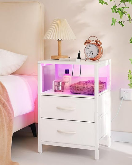 Yoobure Nightstand with Charging Station, LED Night Stand with Fabric Drawers and Storage Shelf for Bedroom, Nightstands Bedside Tables with USB Ports & Outlets, Small Night Stands, Bed Side Table - LeafyLoom