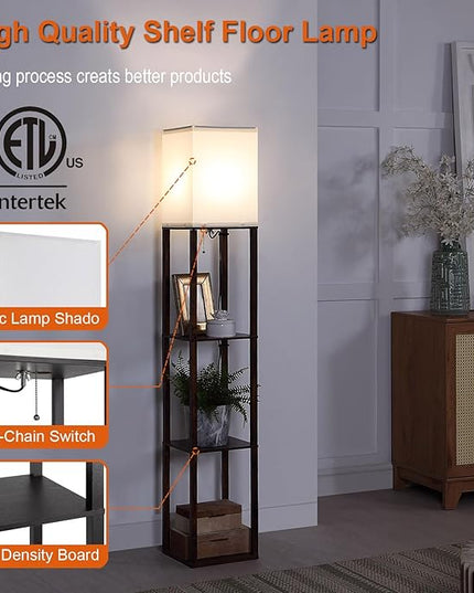 Floor Lamp with Shelves, Shelf Floor Lamps for Living Room with 3CCT LED Bulb, Modern Corner Square Display Standing Lamp with 4-Tier Tall Bookshelf Lamp for Bedroom Office - LeafyLoom