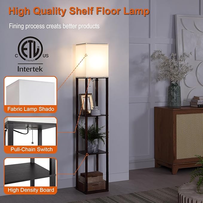 Floor Lamp with Shelves, Shelf Floor Lamps for Living Room with 3CCT LED Bulb, Modern Corner Square Display Standing Lamp with 4-Tier Tall Bookshelf Lamp for Bedroom Office - LeafyLoom