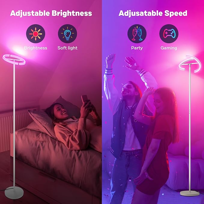 White RGBCW Floor Lamp, Bright Color Changing RGB Standing Lamp, Modern Stepless Dimmable LED Tall Lamp with Remote Control, 20W 3000-6000K Floor Lamps for Living Room, Bedroom, Office - LeafyLoom