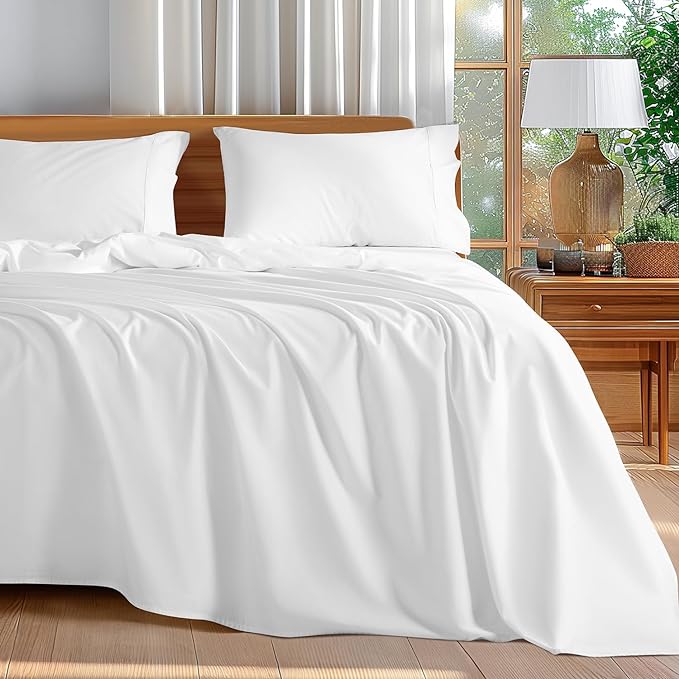 Shilucheng 100% Cotton Sheets Set - 600 Thread Count，Luxury Egyptian Cotton Bed Sheets，5-Star Hotel Quality Sheets, Breathable & Cooling, 16 Inch Deep Pocket - 4 Piece (White, California King) - LeafyLoom
