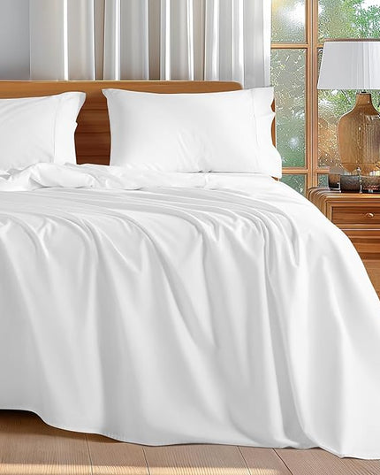 Shilucheng 100% Cotton King Size Sheets Set - 600 Thread Count，Luxury Egyptian Cotton Bed Sheets，5-Star Hotel Quality Sheets, Breathable & Cooling, 16 Inch Deep Pocket - 4 Piece (White, King) - LeafyLoom