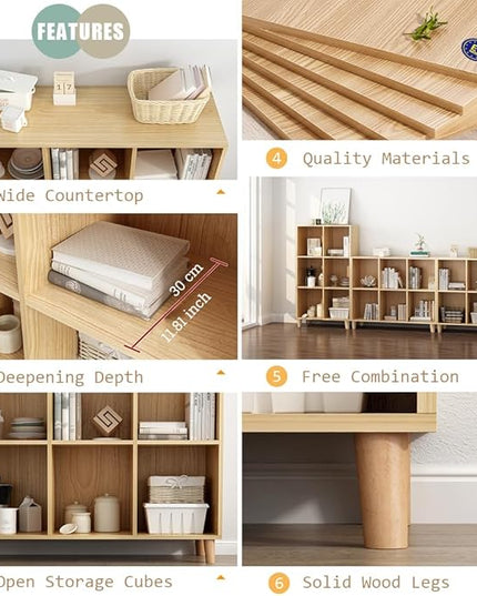 IOTXY Open Cube Low Bookcase - 3-Tier Freestanding Storage Display Cabinet Organizer with Legs for Home Office, 6-Cubes Open Shelf Short Bookshelf, Oak - LeafyLoom