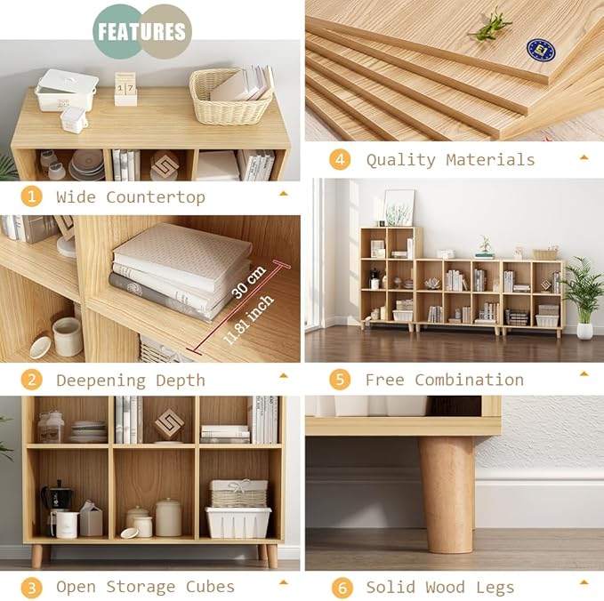IOTXY Open Cube Low Bookcase - 3-Tier Freestanding Storage Display Cabinet Organizer with Legs for Home Office, 6-Cubes Open Shelf Short Bookshelf, Oak - LeafyLoom