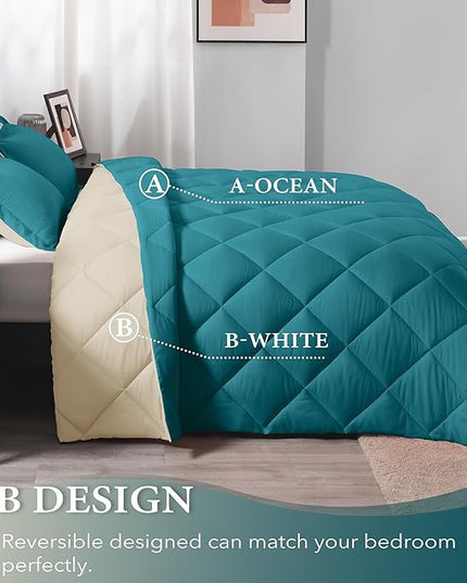 downluxe Twin Comforter Set - Teal Blue and White Twin Comforter, Soft Bedding Sets for All Seasons -2 Pieces - 1 Comforter (66"x92") and 1 Pillow Sham(20"x26") - LeafyLoom