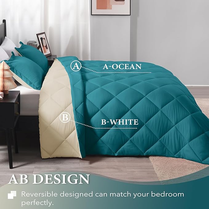 downluxe Queen Comforter Set - Teal Blue and White Queen Comforter, Soft Bedding Sets for All Seasons -3 Pieces - 1 Comforter (88"x92") and 2 Pillow Shams(20"x26") - LeafyLoom