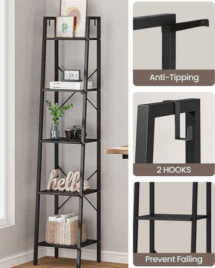 Ladder Shelf, Bookshelf Bookcase, Freestanding Corner Storage Shelve with 2 Hooks for Home Office, Living Room, Kitchen, Bedroom, Industrial, 5-Tier Black BC03204B - LeafyLoom