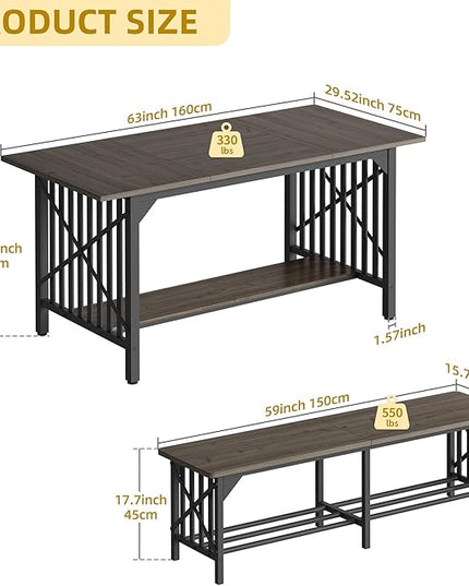 DWVO 3-Piece Dining Table Set for 4-6 People, 63" Dining Room Table with 2 Benches, Industrial Rectangular Dining Room Table Set with Storage for Kitchen, Dining Room, Grey - LeafyLoom