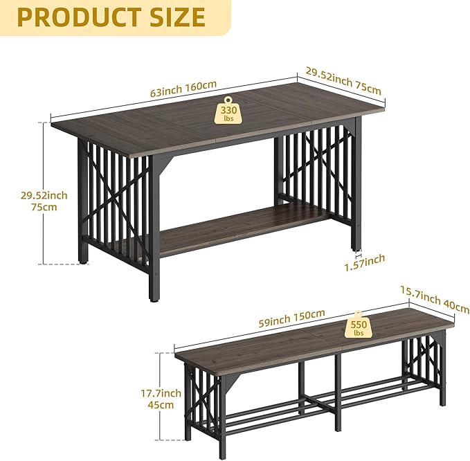 DWVO 3-Piece Dining Table Set for 4-6 People, 63" Dining Room Table with 2 Benches, Industrial Rectangular Dining Room Table Set with Storage for Kitchen, Dining Room, Grey - LeafyLoom