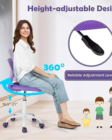 Kids Desk Chair, Purple Ergonomic Kids Office Chair Ages8-12 w/Lumbar Support, Low-Back Teen Desk Chair for Girls Boys, Small Cute Kids Computer Chair for Bedroom/Study/Vanity Desk - LeafyLoom