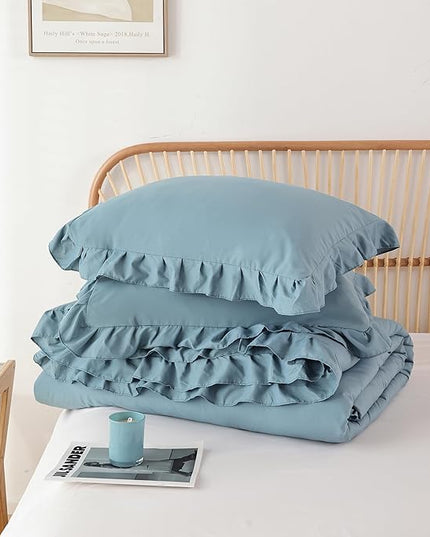 JANZAA Comforter Set Full Size Mineral Blue Ruffle Comforter 3PCS Soft Fluffy Comforter Vintage Farmhouse Bed Comforter Set Shabby Chic Bedding with 2 Pillowcases - LeafyLoom