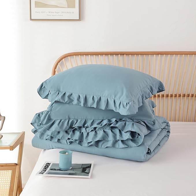 JANZAA Comforter Set Full Size Mineral Blue Ruffle Comforter 3PCS Soft Fluffy Comforter Vintage Farmhouse Bed Comforter Set Shabby Chic Bedding with 2 Pillowcases - LeafyLoom