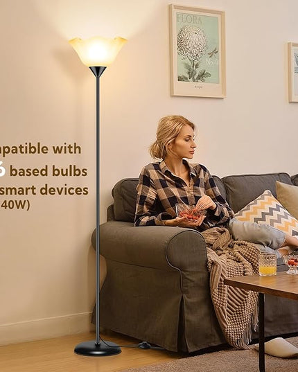 Floor Lamp Led Standing Lamps 74'' Tall Torchiere Floor Lamp with White Plastic Shade Black Modern Stand Lamps for Living Room Bedroom Classroom Dorm Office, E26 Bulb Included - LeafyLoom