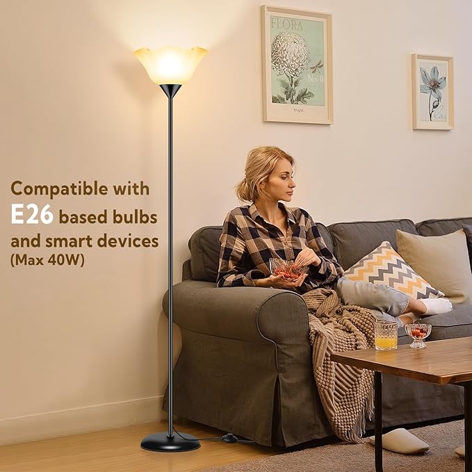 Floor Lamp Led Standing Lamps 74'' Tall Torchiere Floor Lamp with White Plastic Shade Black Modern Stand Lamps for Living Room Bedroom Classroom Dorm Office, E26 Bulb Included - LeafyLoom
