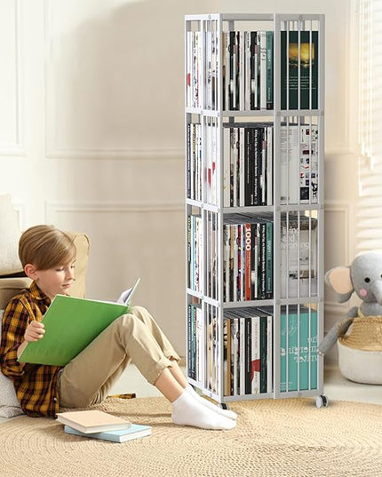 Rotating Bookcase White 4 Tiers Metal Bookshelf Large Capacity for Small Space with Storage and Creative Multi-Layer Shelves,Magazine&Books for Bedroom Living Room Study and Office - LeafyLoom