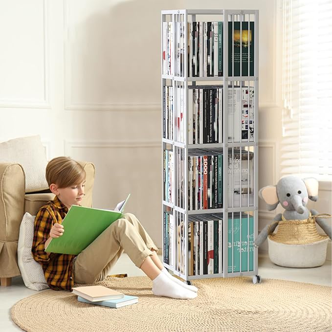 Rotating Bookcase White 4 Tiers Metal Bookshelf Large Capacity for Small Space with Storage and Creative Multi-Layer Shelves,Magazine&Books for Bedroom Living Room Study and Office - LeafyLoom