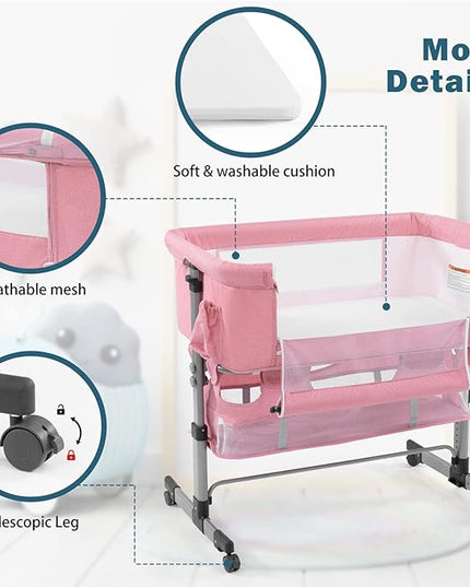Baby Crib,3 in 1 Bedside Crib Adjustable Portable Bed for Infant,Baby Bassinet Baby Newborn Must Have Bed,Pink - LeafyLoom
