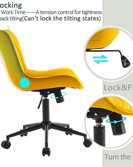 YOUTASTE Office Chair Modern Armless Desk Chair, Height Adjustable Swivel Rocking Computer Task Chair, Faux Leather Sewing Chairs with Wheels, Stylish Lounge Vanity Chair,Yellow - LeafyLoom