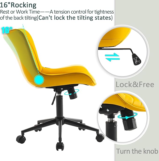 YOUTASTE Office Chair Modern Armless Desk Chair, Height Adjustable Swivel Rocking Computer Task Chair, Faux Leather Sewing Chairs with Wheels, Stylish Lounge Vanity Chair,Yellow - LeafyLoom