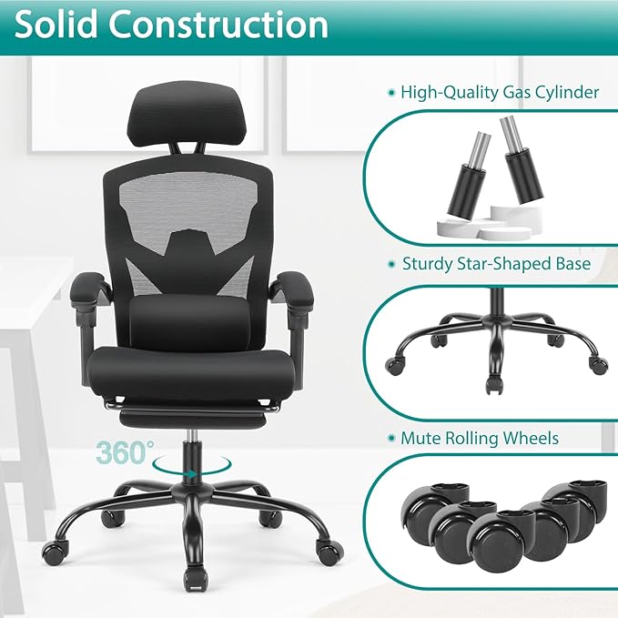 MCQ Office Computer Desk Chair, Gaming Chairs for Adults, High-Back Mesh Rolling Swivel Reclining Chairs with Wheels, Comfortable Lumbar Support, Comfy Arms for Home, Office, Gaming, Student, Black - LeafyLoom