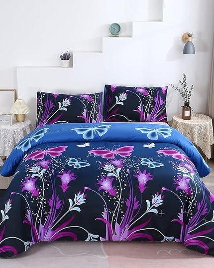 WINLIFE Butterfly Comforter Set Full Size for Girls Purple Blue Black Butterflies Printed Bedding Set for All Season, Soft Breathable & Light Bed Sets - LeafyLoom