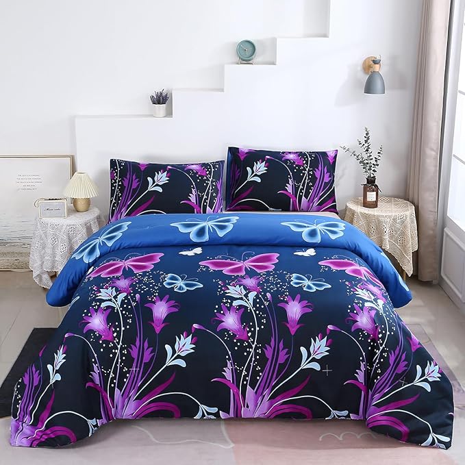 WINLIFE Butterfly Comforter Set Full Size for Girls Purple Blue Black Butterflies Printed Bedding Set for All Season, Soft Breathable & Light Bed Sets - LeafyLoom