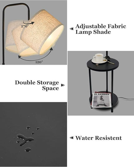 ELYONA Modern Floor Lamp for Living Room, Rubber Wood Side Table Lamp with Grey Fabric Drum Shade, End Table Tall Pole Standing Light for Bedroom, Office, Apartment, LED Bulb Included, Matte Black - LeafyLoom