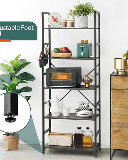 Yoobure 5 Tier Bookshelf - Tall Book Shelf Modern Bookcase for CDs/Movies/Books, Rustic Book Case Industrial Bookshelves Book Storage Organizer for Bedroom Home Office Living Room Grey - LeafyLoom