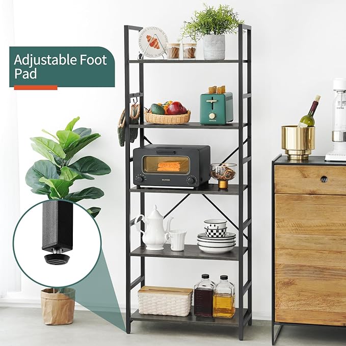 Yoobure 5 Tier Bookshelf - Tall Book Shelf Modern Bookcase for CDs/Movies/Books, Rustic Book Case Industrial Bookshelves Book Storage Organizer for Bedroom Home Office Living Room Grey - LeafyLoom