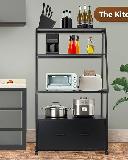 2 Drawer Lateral File Cabinet with Bookshelf, Industrial 4-Tier Filing Cabinet Printer Stand with Wheels, Ladder Shelf Stand with Open Storage for Home Office,Black - LeafyLoom