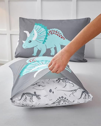 RYNGHIPY Dinosaur Kids Comforter Set Cartoon Dinosaur Bedding Sets for Boys 3 Pieces Queen Microfiber Comforter with Pillowcases Soft Lightweight (Dark Grey,Queen) - LeafyLoom