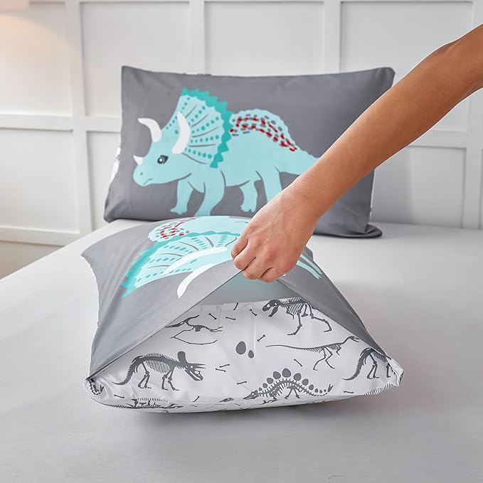 RYNGHIPY Dinosaur Kids Comforter Set Cartoon Dinosaur Bedding Sets for Boys 3 Pieces Queen Microfiber Comforter with Pillowcases Soft Lightweight (Dark Grey,Queen) - LeafyLoom