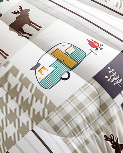 Datura home Happy Camper Comforter Set Rustic Lodge and Camper Deer Printed Quilt Bedding Set with 1 Comforter and 2 Pillowcases for Boys and Girls Bedroom All Season(Camper Full) - LeafyLoom