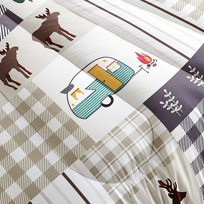 Datura home Happy Camper Comforter Set Rustic Lodge and Camper Deer Printed Quilt Bedding Set with 1 Comforter and 2 Pillowcases for Boys and Girls Bedroom All Season(Camper Full) - LeafyLoom